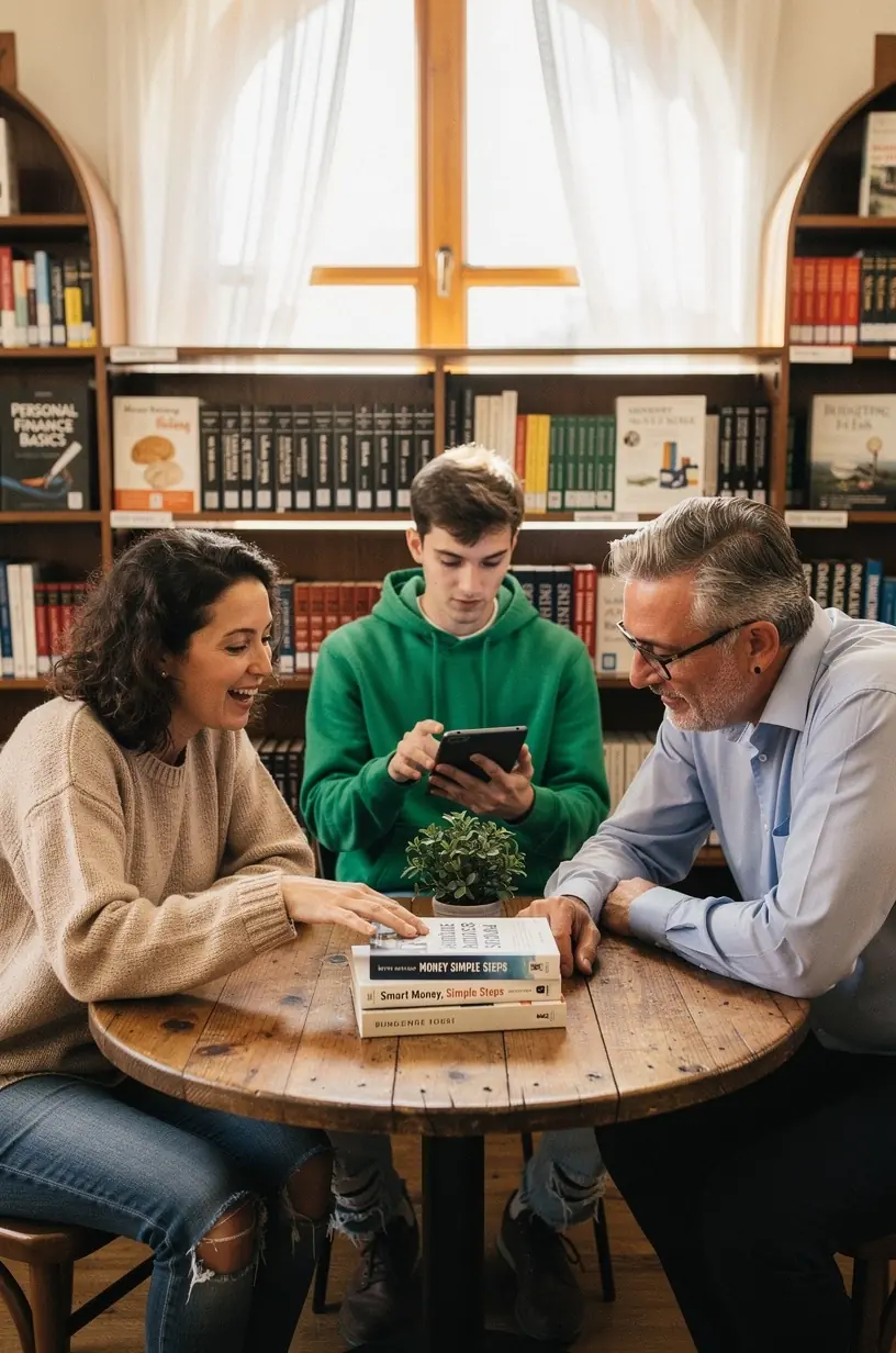Képi megjelenítés egy könyvtári polcokról, ahol válogatott pénzügyi témájú könyvcsomagok érhetők el a látogatók számára.