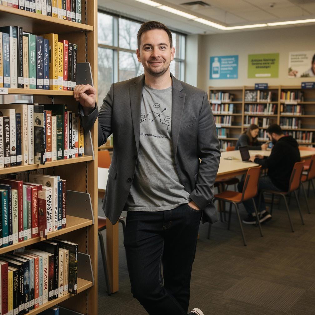 Ügyfél és könyvtáros barátságosan válogatnak pénzügyi témájú könyvek között.