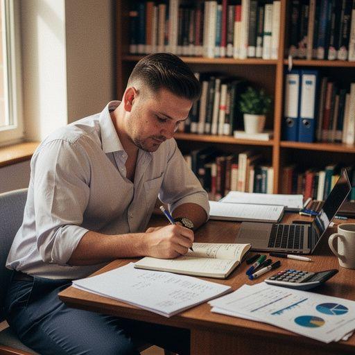 Laptop és jegyzetfüzet mellett kávé, miközben valaki pénzügyi blogot olvas.