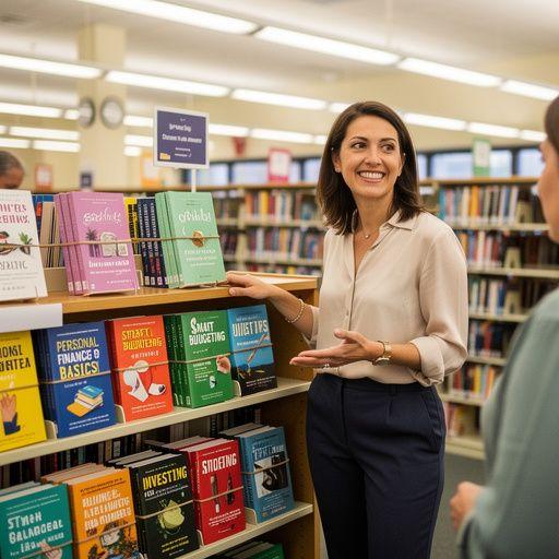 Olvasók a könyvtárban pénzügyi ismeretekről szóló könyveket böngésznek együtt.